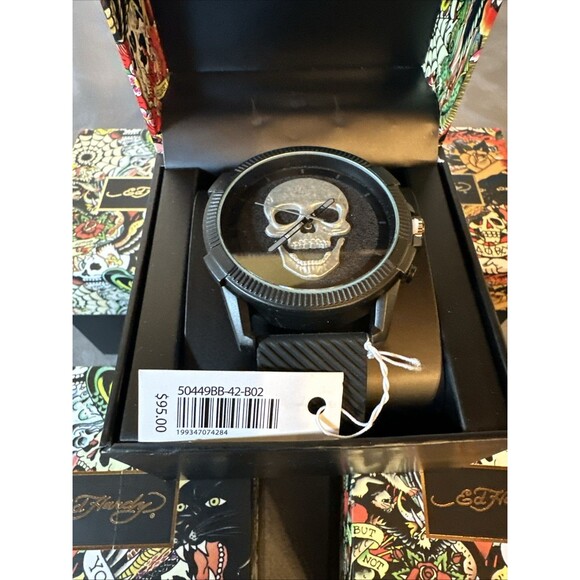 Ed Hardy Silver Skull Wristwatch New In Box Watch Black Silicone Band main image 6